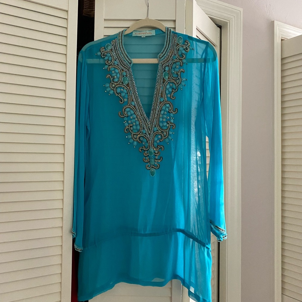 Beautiful beaded teal beach cover up.  Perfect condition